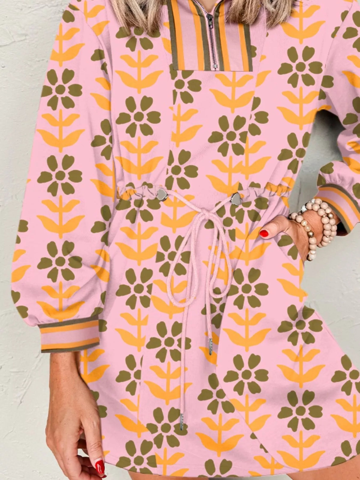 Floral Print Half Zip Long Sleeve Drawstring Waist Mini Dress 3