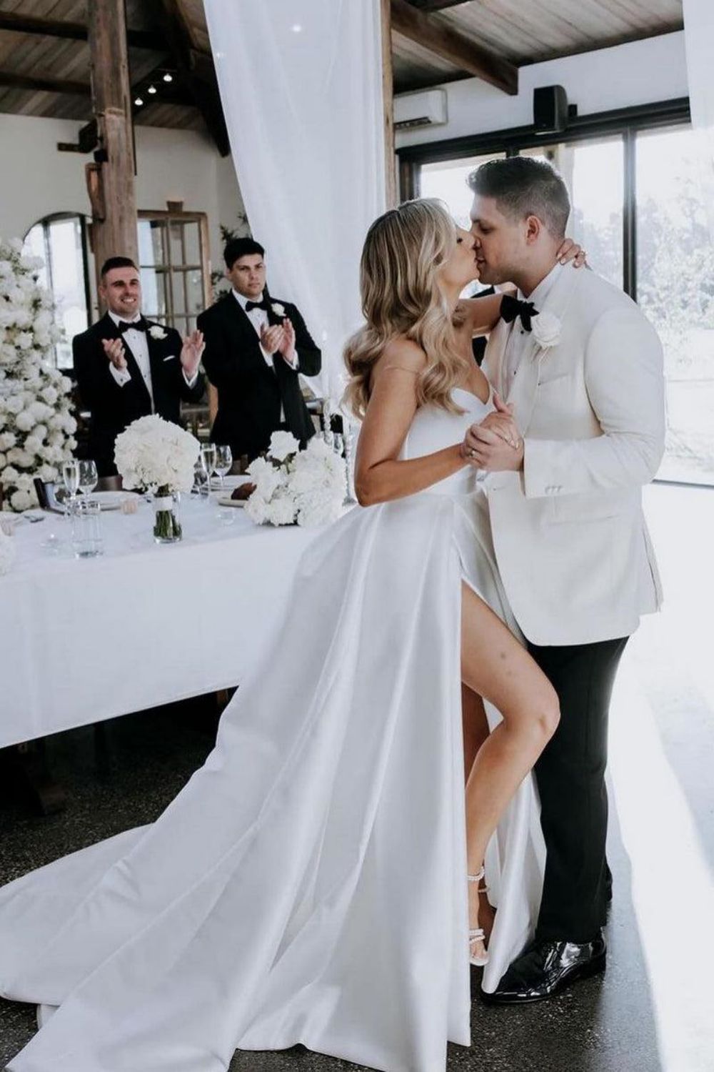 Simple A Line Sweetheart White Long Wedding Dress with Split Front