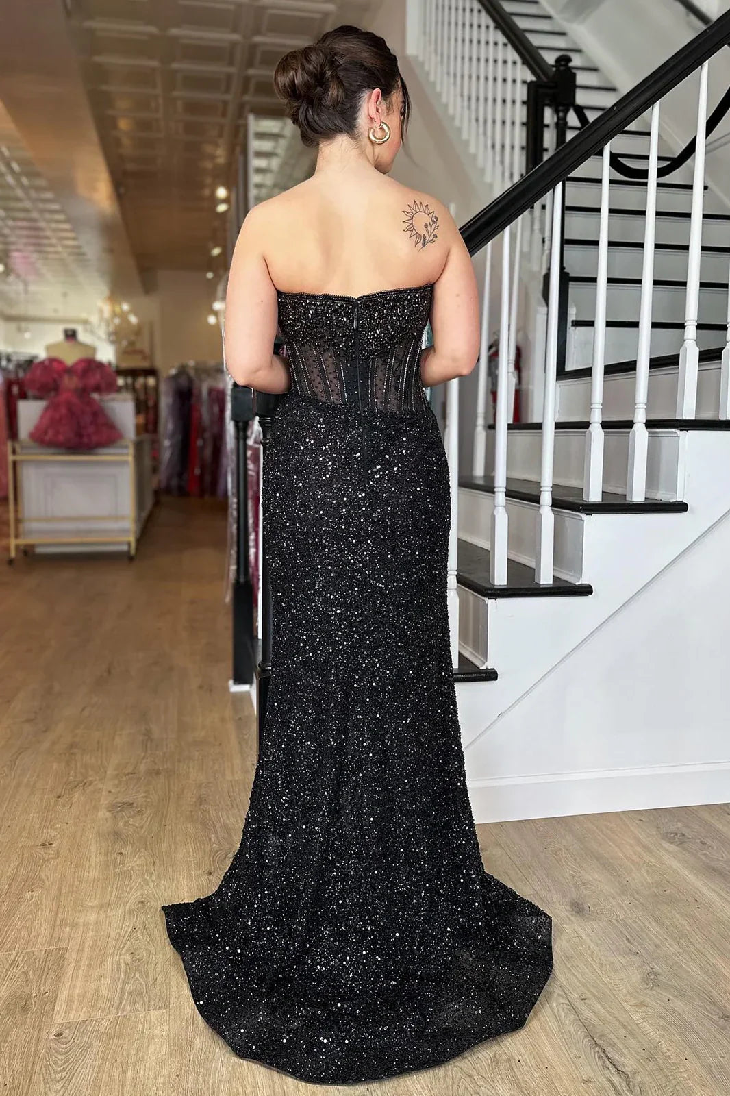 Sparkly Luxurious Mermaid Strapless Long Prom Dress with Beading And Slit