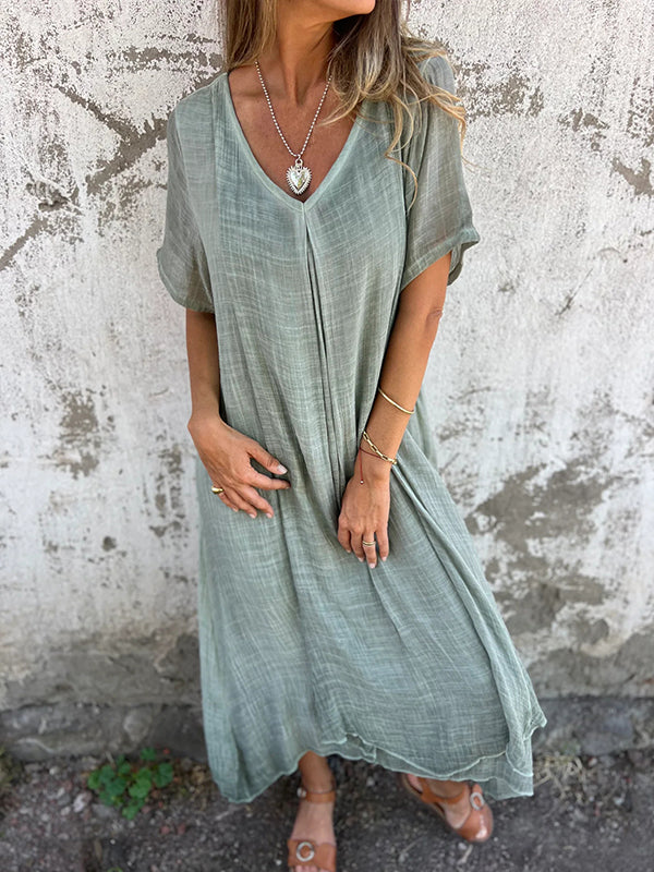 Linen V-Neck Short Sleeve Loose Midi Dress 6