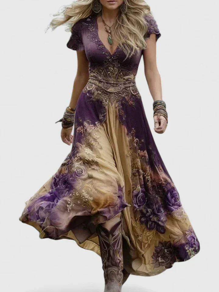 V-Neck Short Sleeve Floral Embellished Waist Maxi Dress