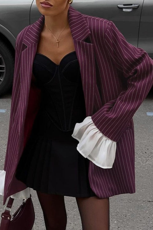 Pinstripe Notch Lapel Single Breasted Oversized Longline Blazer 3
