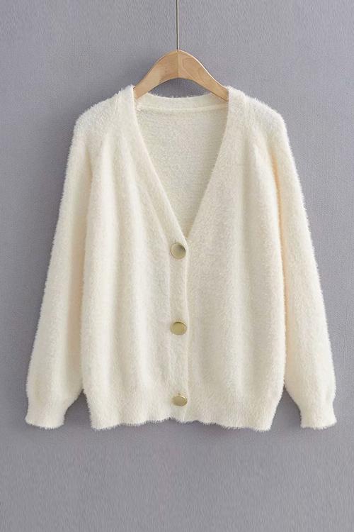 Fuzzy Button V Neck Cardigan