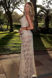 Lace Sheer Cowl Spaghetti Open Back Slim Lace Dress