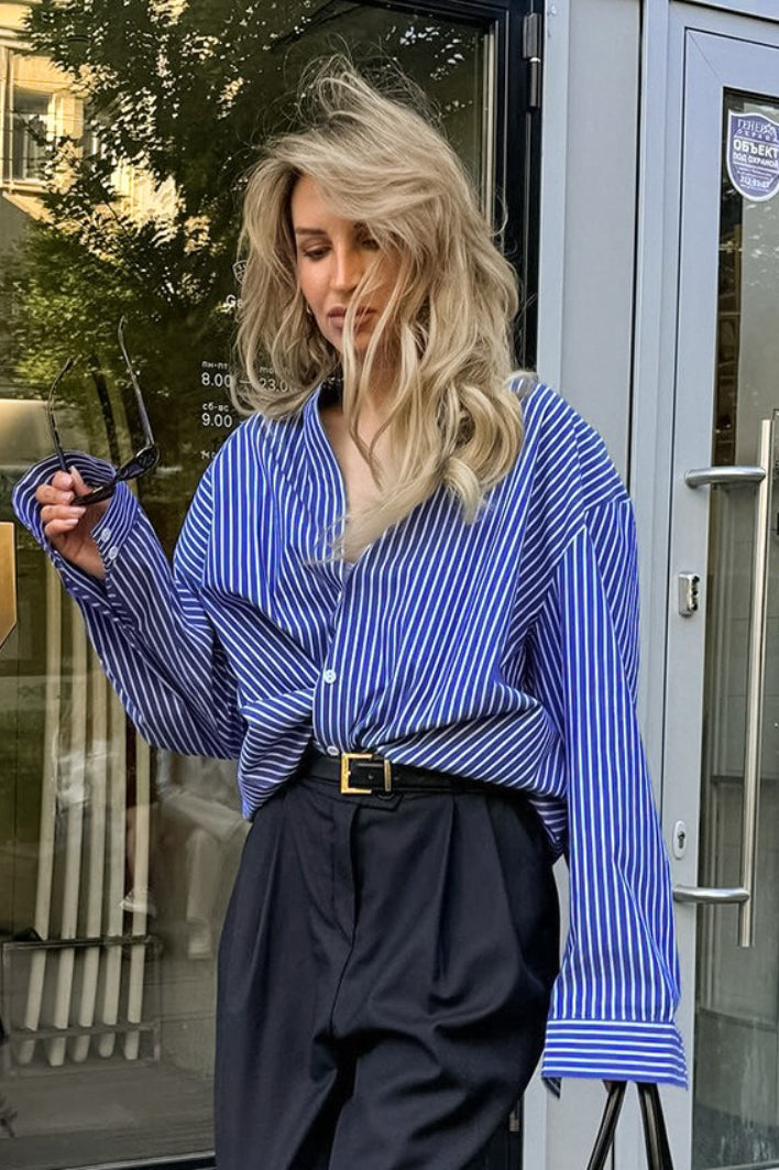 Striped Band Collar Long Sleeve Oversized Button Front Shirt 3