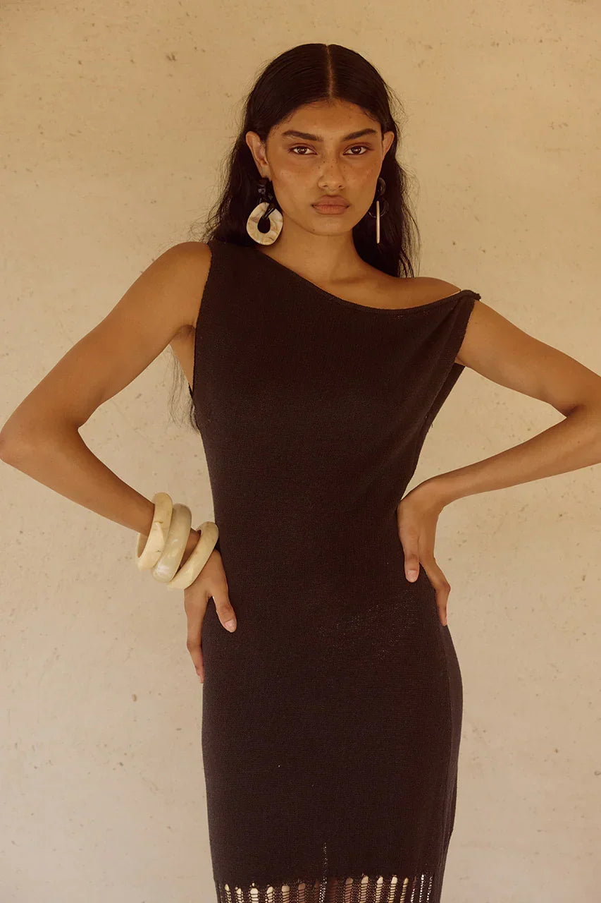 Asymmetric Neck Sleeveless Pointelle Knit Hem Bodycon Maxi Dress 3