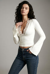 Lace Trim Paneled Slim V neck Long Sleeve Crop Top