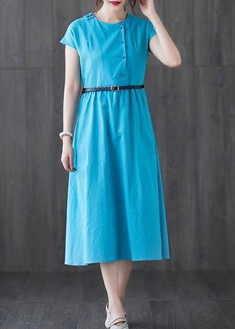 Round Neck Cap Sleeve Asymmetric Button Belted A-Line Midi Dress