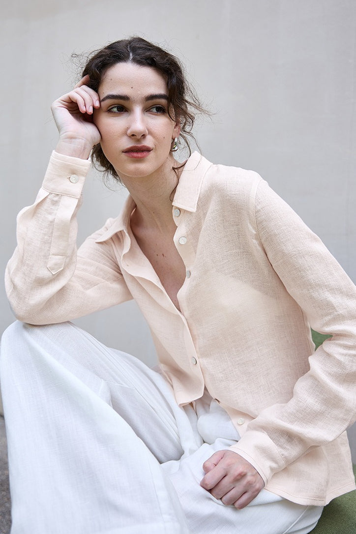 Semi Sheer Linen Look Collared Long Sleeve Slim Button Front Shirt 5