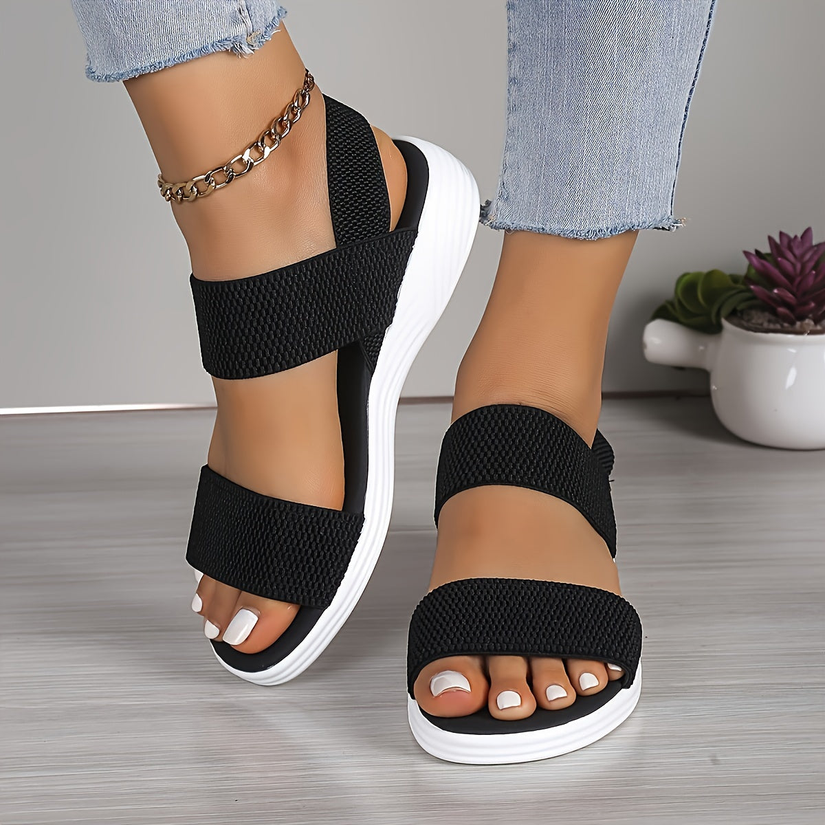 Open Toe Elastic Double Band Platform Slide Sandals