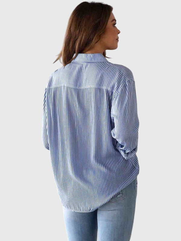 Striped Collared Three Quarter Sleeve Button Front Shirt
