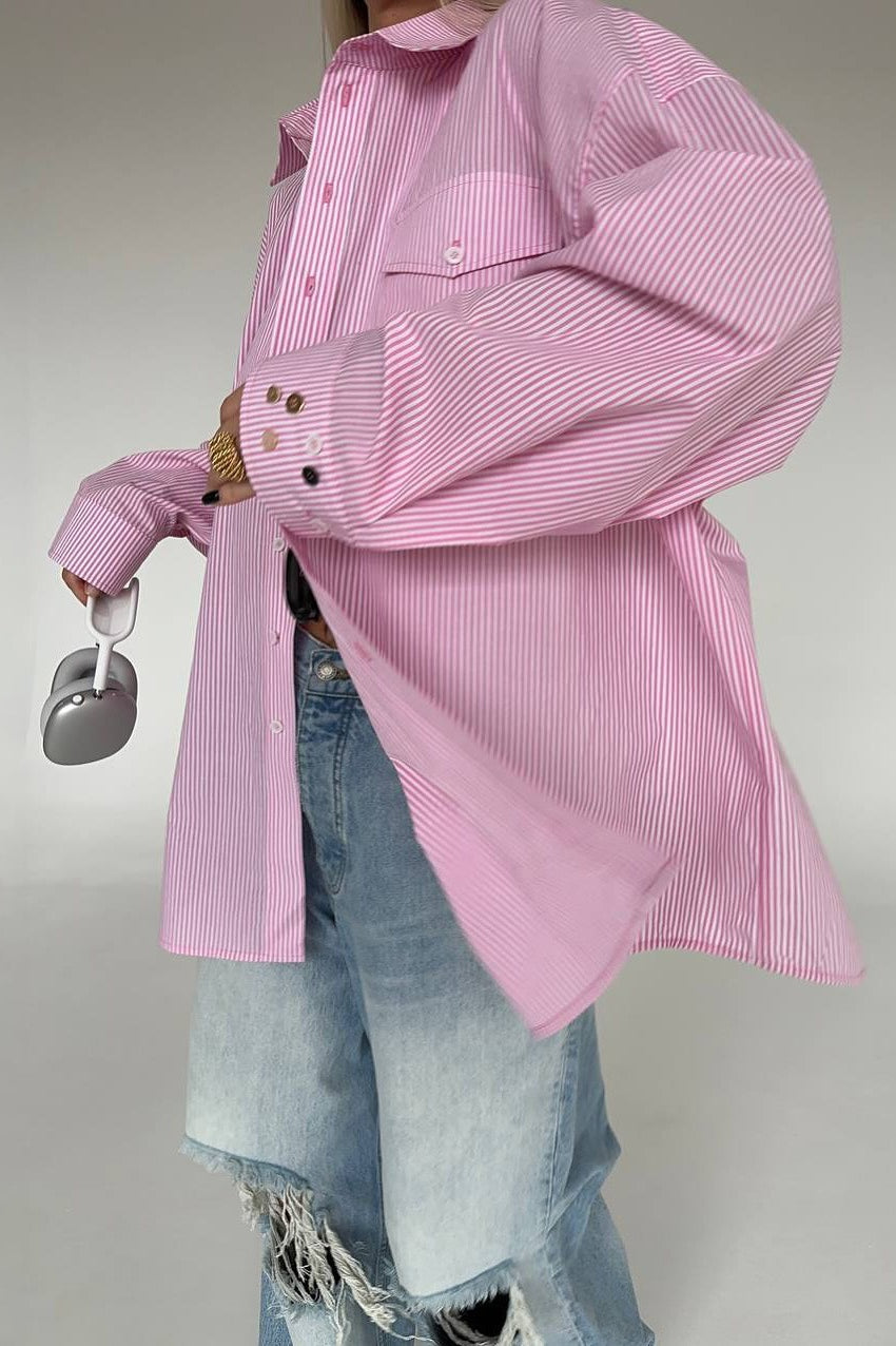 Striped Collared Tie Front Flap Pocket Oversized Shirt 3