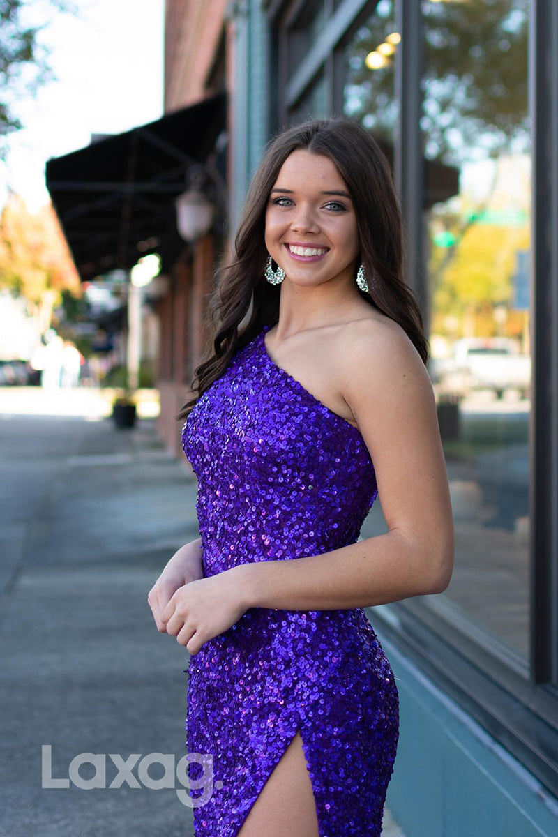 19700 - One Shoulder Sequined Thigh Slit Long Prom Dress