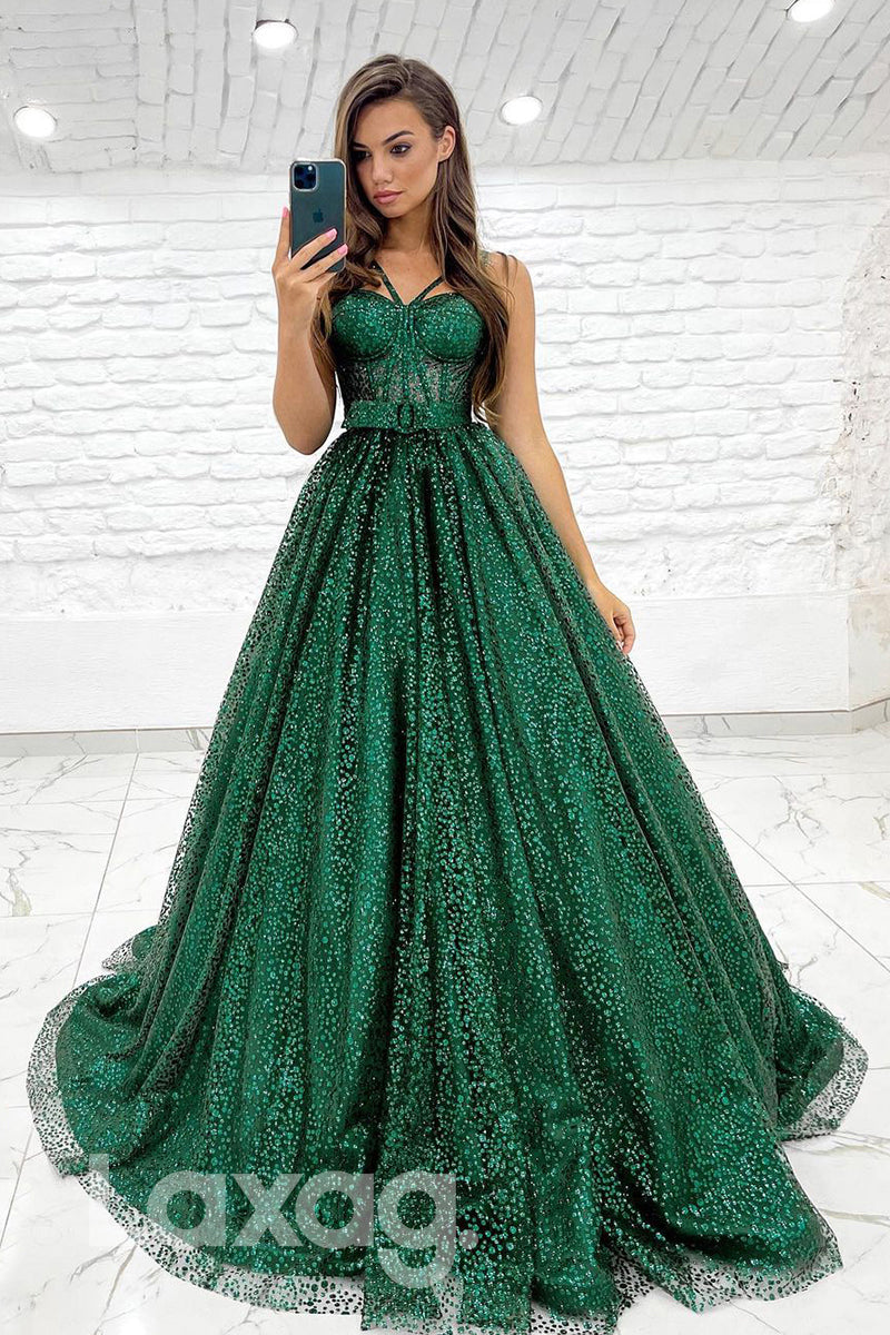 19711 - Women's Spaghetti Straps Green Long Prom Ball Gown Glitter