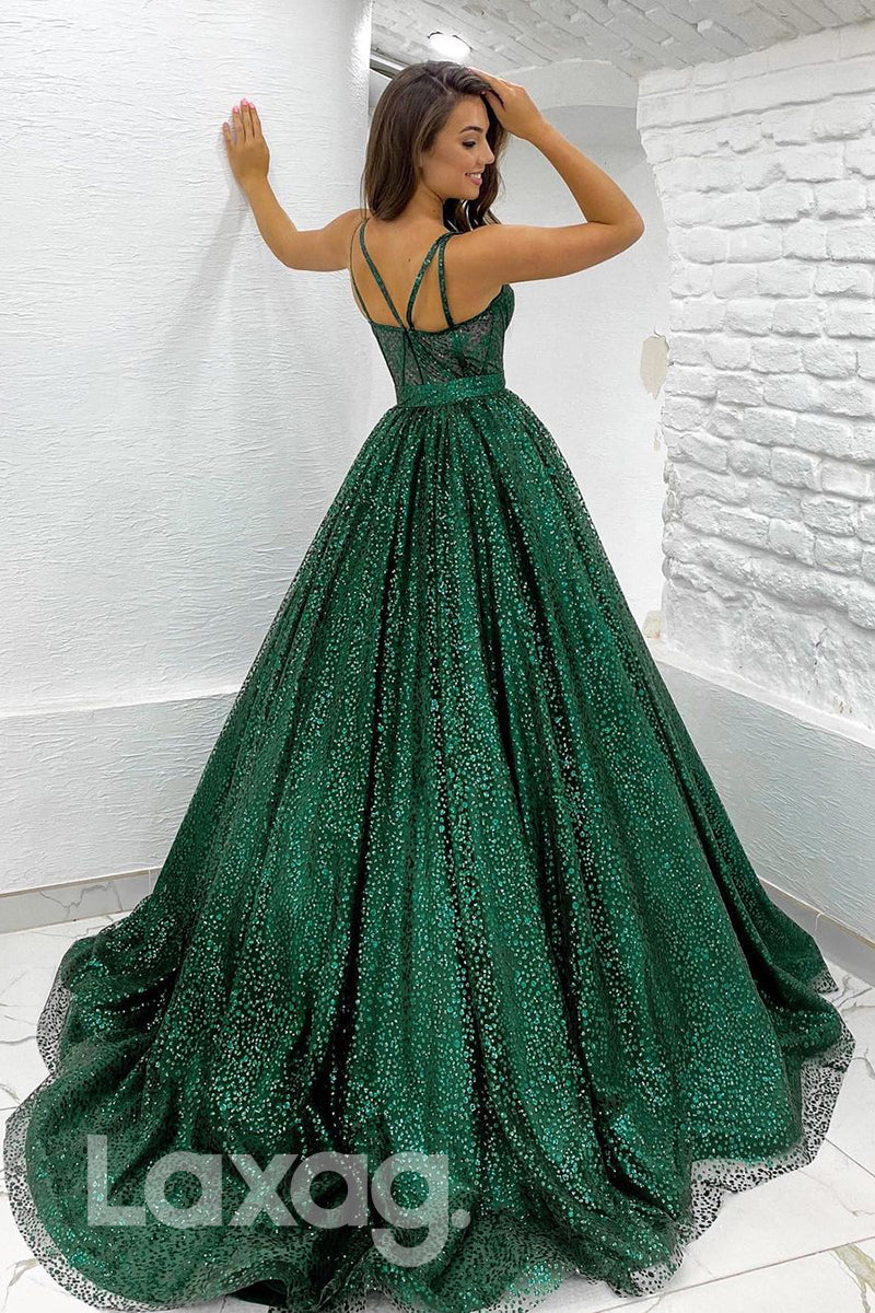 19711 - Women's Spaghetti Straps Green Long Prom Ball Gown Glitter