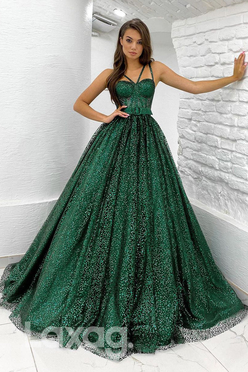19711 - Women's Spaghetti Straps Green Long Prom Ball Gown Glitter