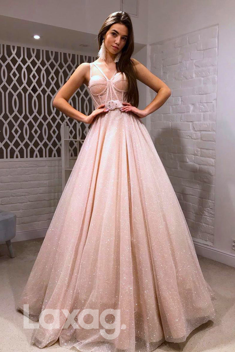 19712 - A-line Spaghetti Straps Pink Prom Dress Glitter
