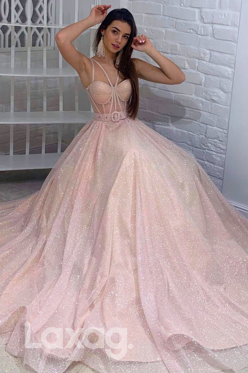 19712 - A-line Spaghetti Straps Pink Prom Dress Glitter