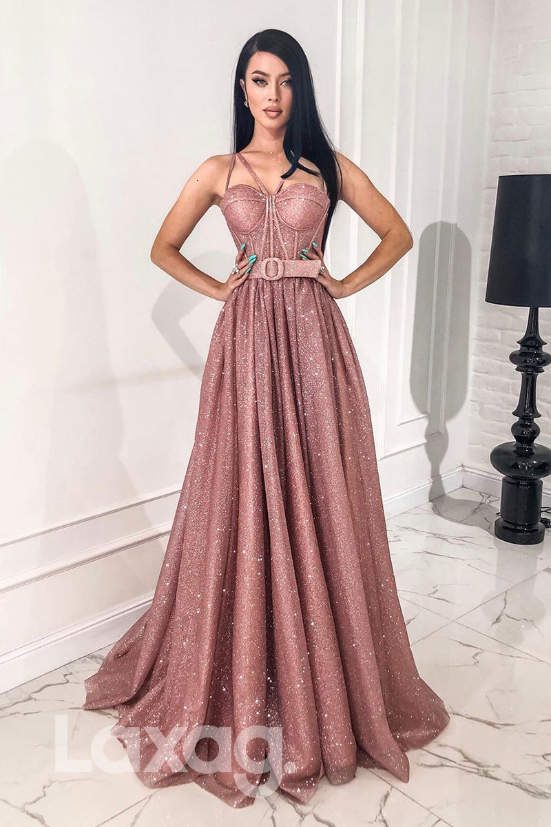 19714 - Spaghetti Straps A-line Sparkly Prom Dress with Pockets