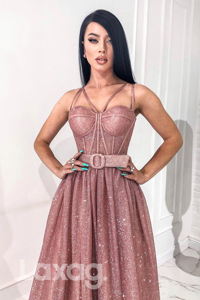 19714 - Spaghetti Straps A-line Sparkly Prom Dress with Pockets