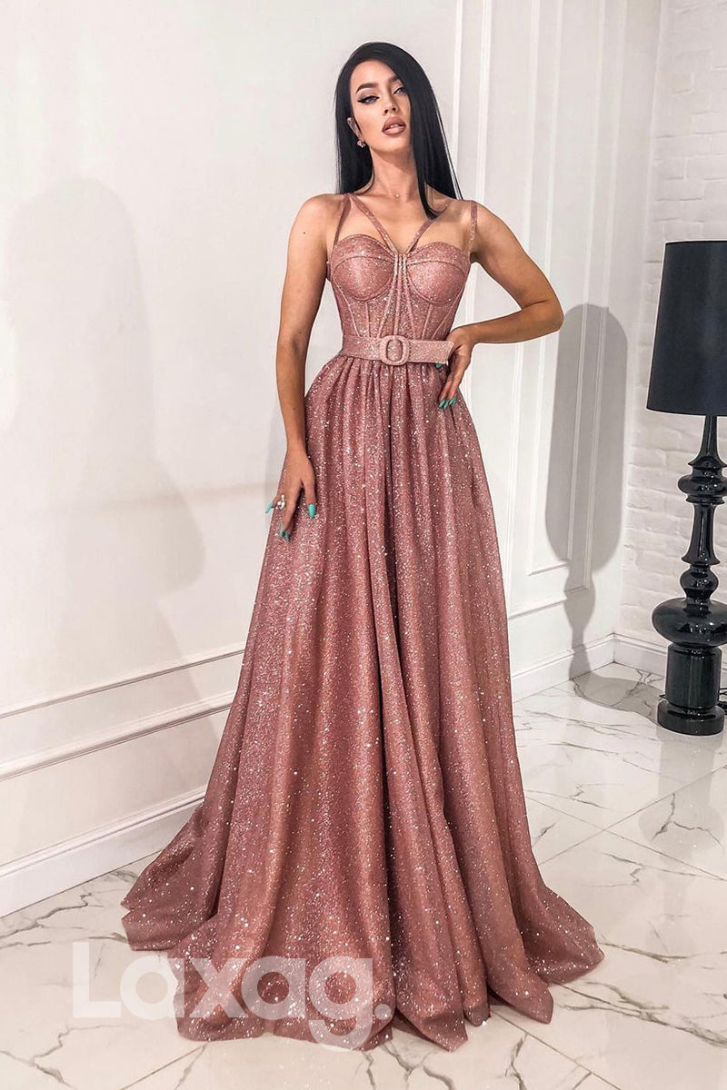19714 - Spaghetti Straps A-line Sparkly Prom Dress with Pockets