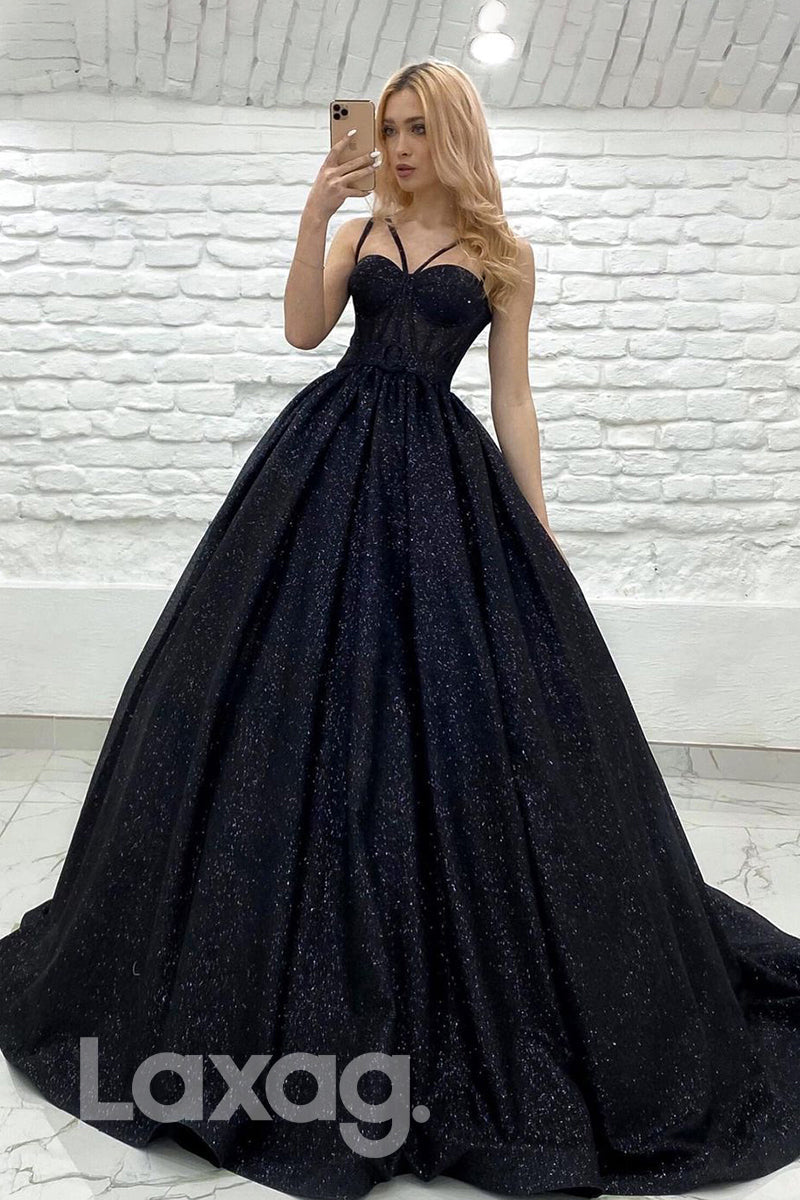 19715 - Women's Spaghetti Straps Black Long Prom Ball Gown Glitter