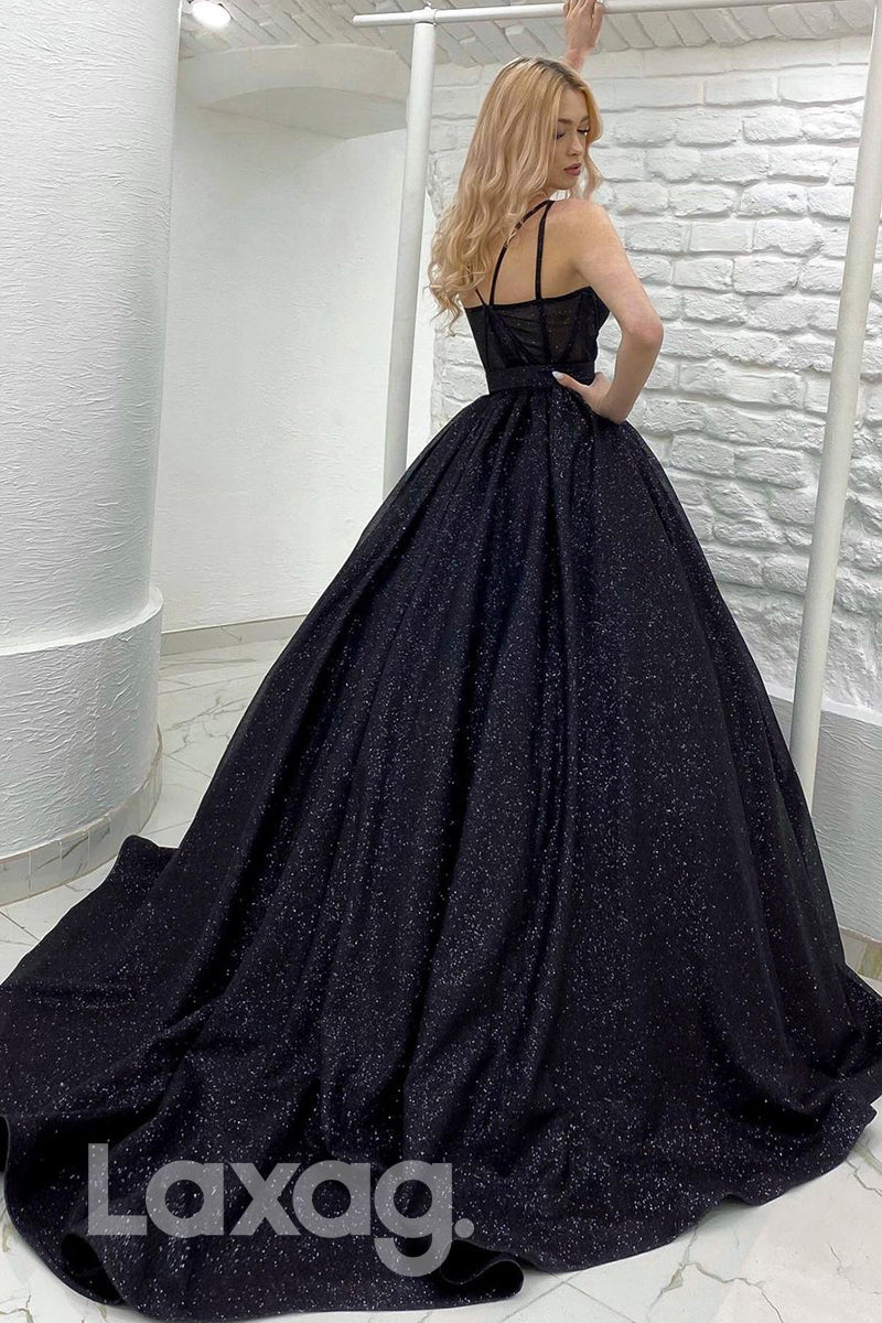 19715 - Women's Spaghetti Straps Black Long Prom Ball Gown Glitter