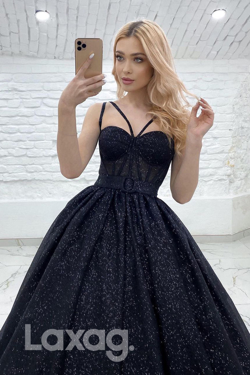 19715 - Women's Spaghetti Straps Black Long Prom Ball Gown Glitter