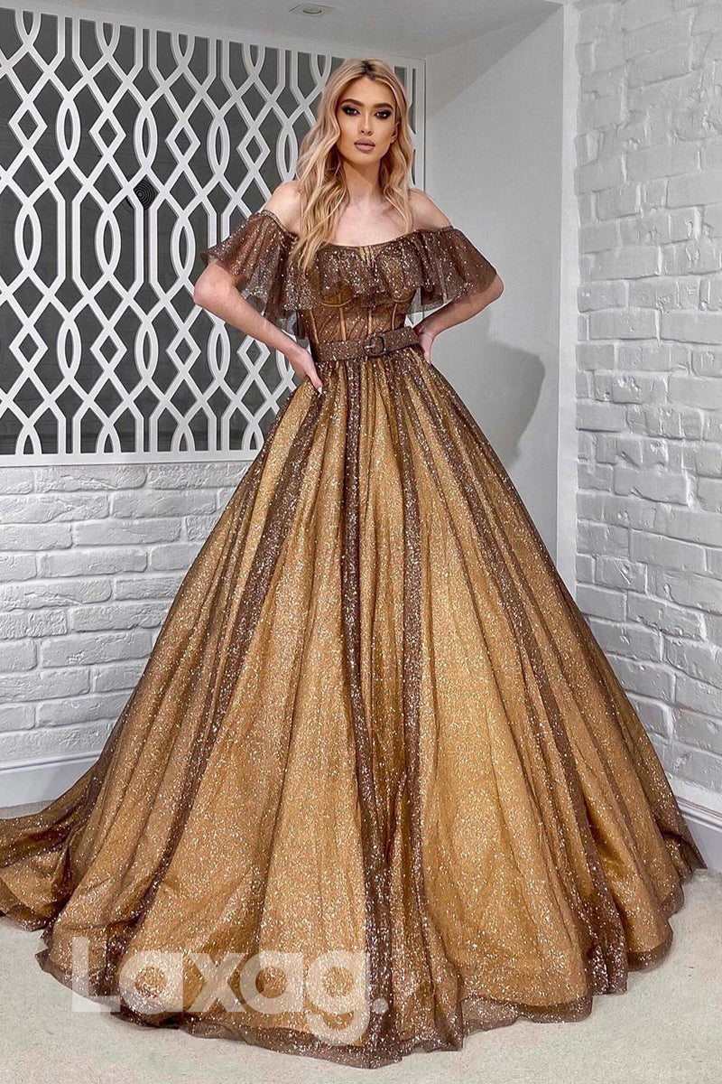 19716 - Off the Shoulder Ruffles Long Sparkly Prom Dress