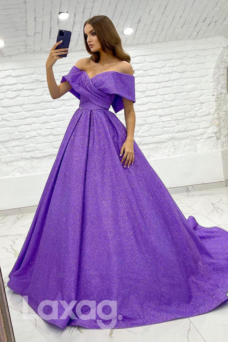 19718 - Unique Off the Shoulder Purple Prom Dress Glitter