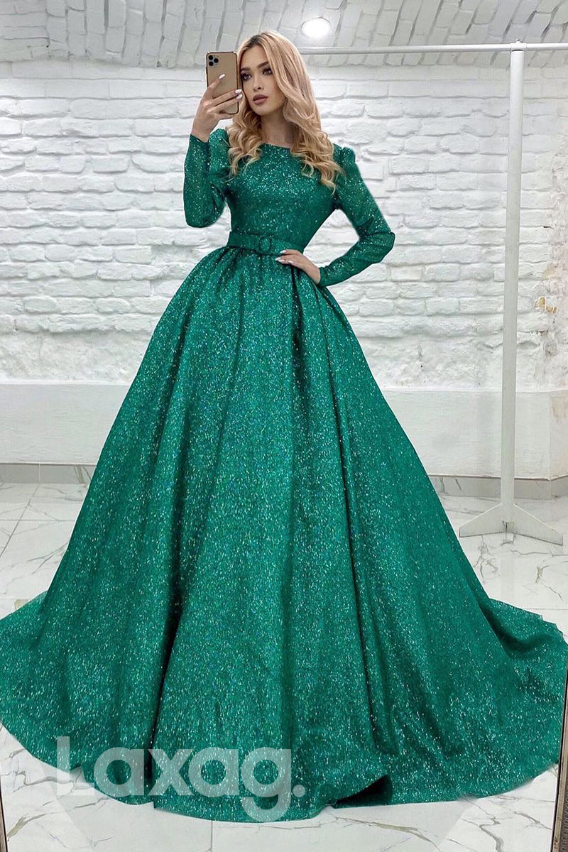 19720 - A-line Jewel Long Sleeves Sparkly Prom Dress Backless