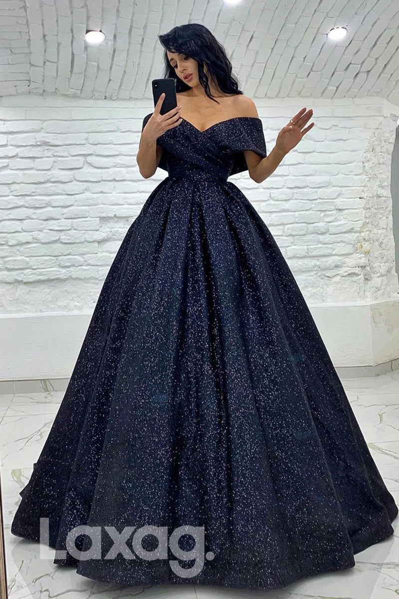 19734 - Unique Off Shoulder Pleats Sparkly Prom Dress with Pockets