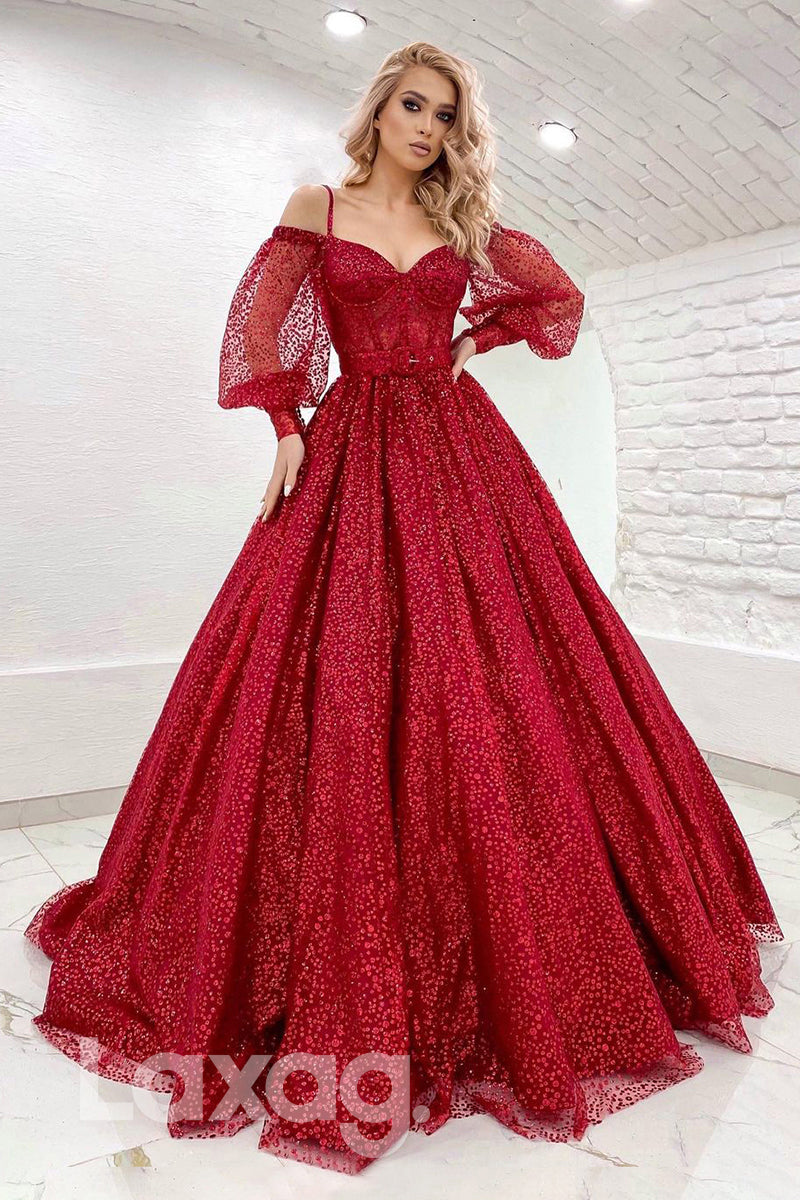 19735 - Women's Spaghetti Straps Long Sleeves Burgundy Prom Dress Glitter