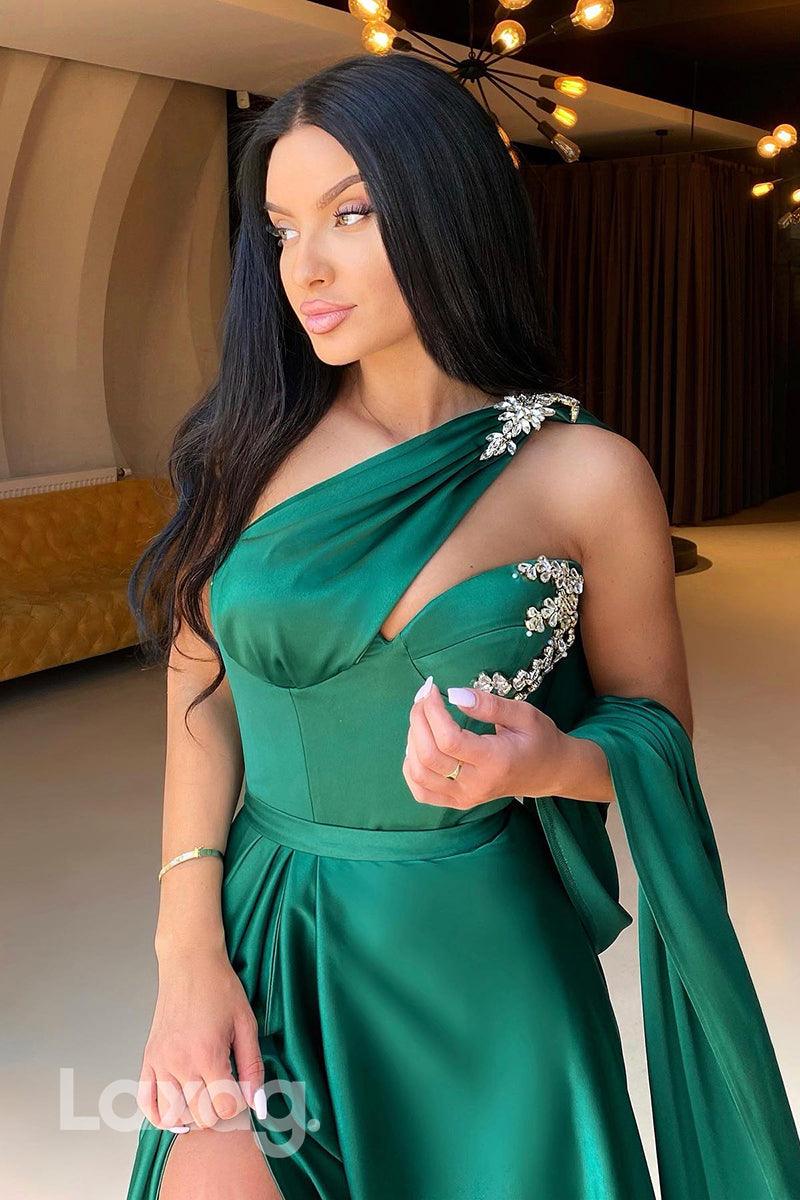 19771 - One Shoulder Beaded Thigh Slit Long Prom Evening Dress