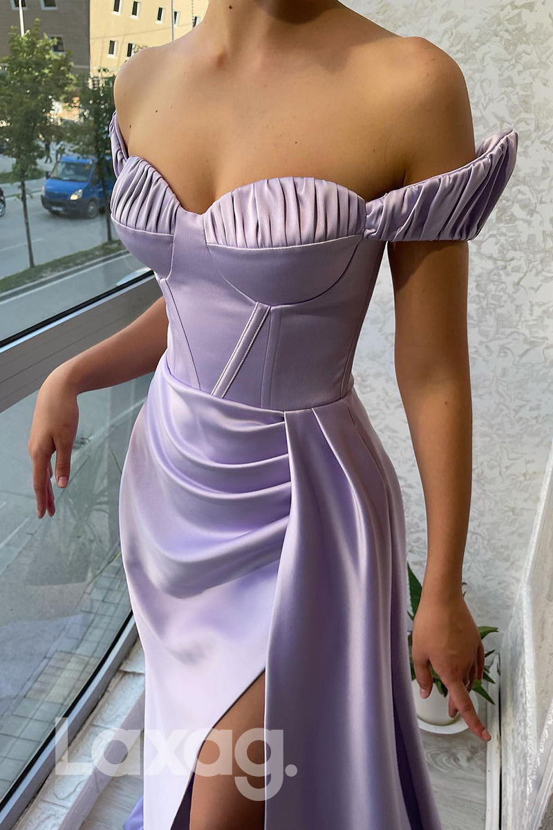 19778 - Off Shoulder Thigh Slit Purple Long Prom Dress
