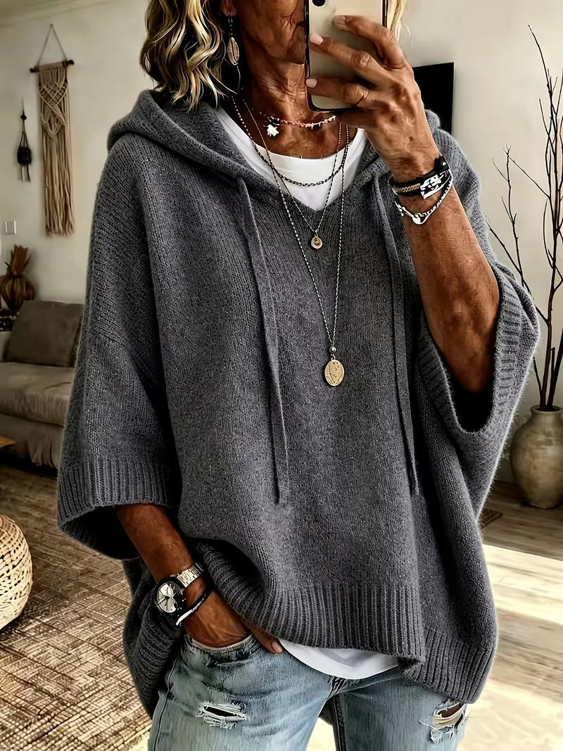 Hooded Drawstring Oversized Knit Poncho Sweater