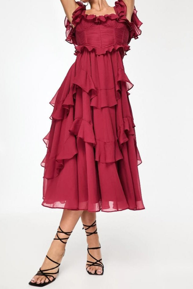 Chiffon Off Shoulder Corset Tiered Ruffle Midi Prom Dress