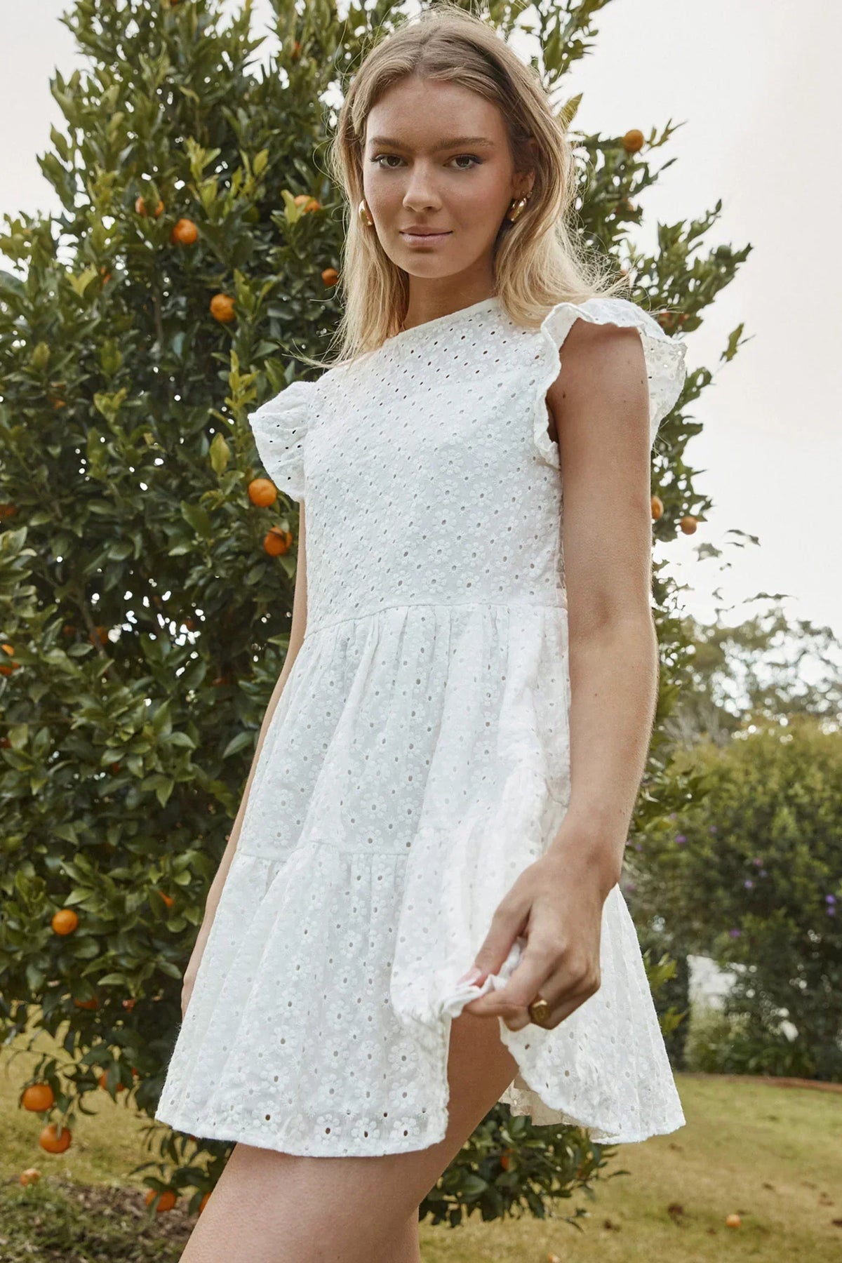 Eyelet Embroidered Flutter Cap Sleeve Tiered Mini Dress 6