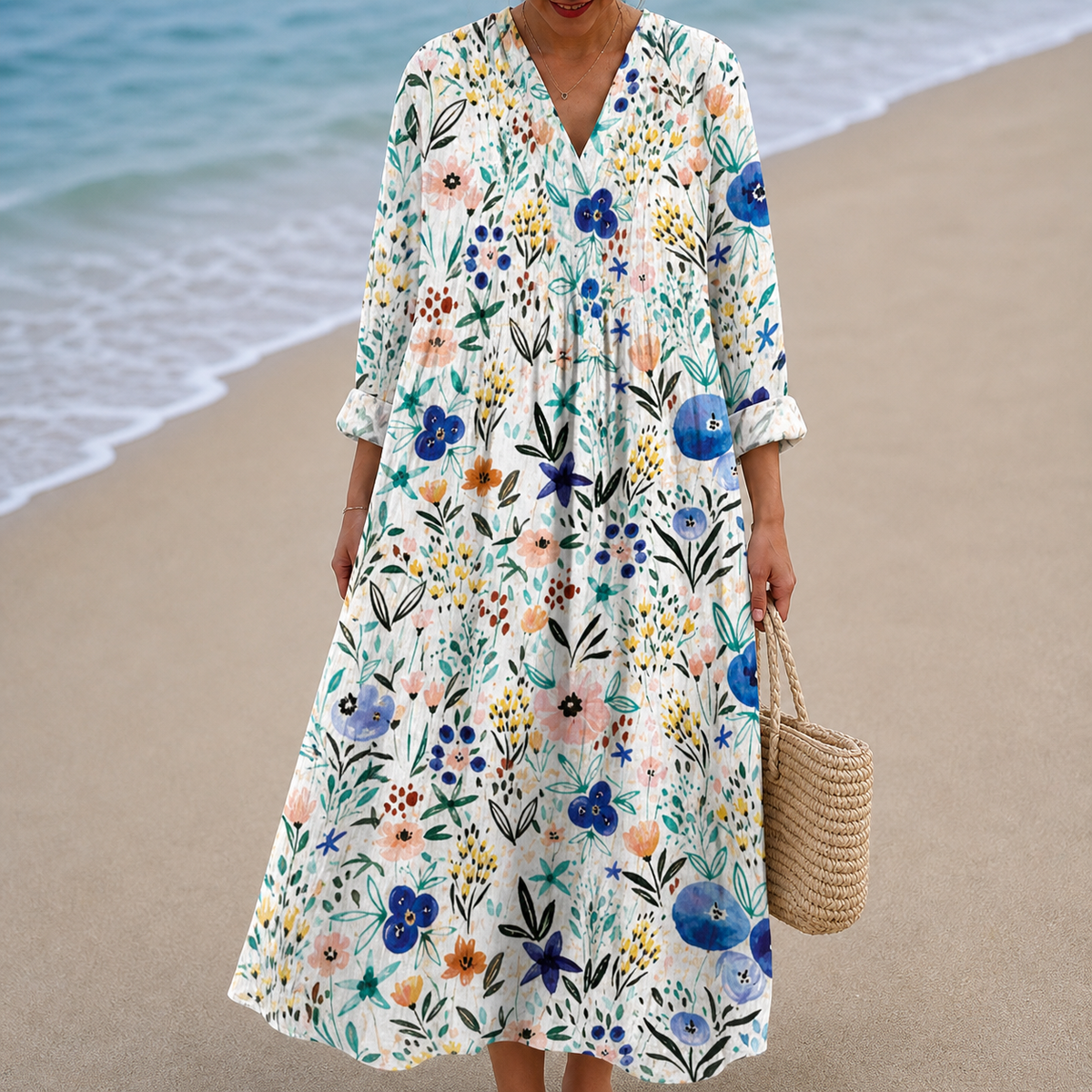 V-Neck Long Sleeve Floral Print Tiered Midi Dress