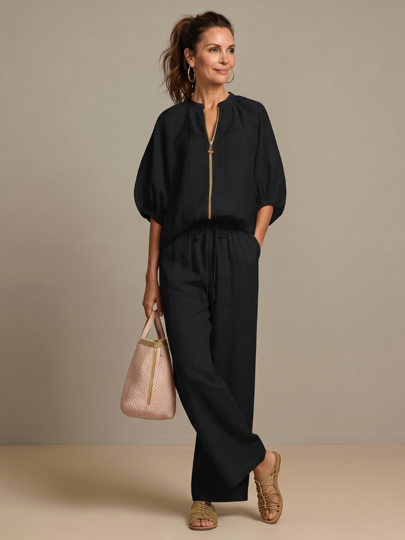 Puff Sleeve Zip Front Top and Wide Leg Pants Two Piece Set