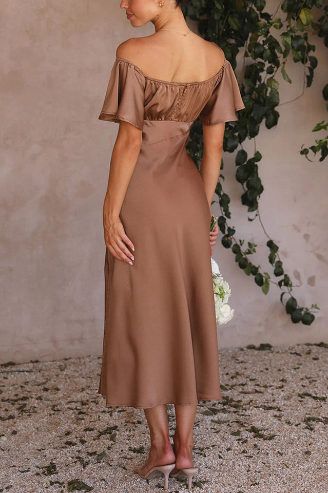Satin Off Shoulder Puff Sleeve High Split Midi Dress 16