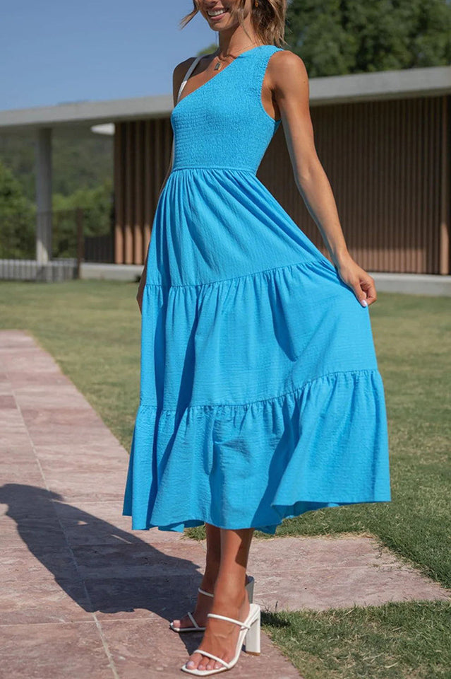 One Shoulder Smocked Bodice Sleeveless Tiered Midi Summer Dress 10