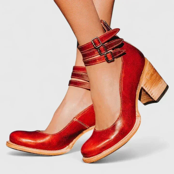 Round Toe Triple Buckle Ankle Strap Block Heel Pumps