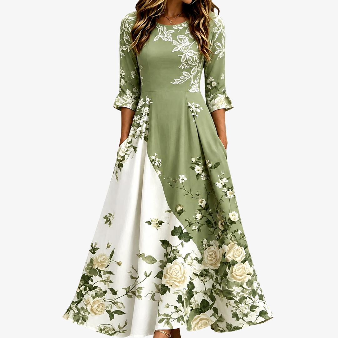Floral Print Round Neck Flounce Sleeve Pocket Maxi Dress