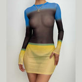 Contrast sheer mesh see through long sleeve crewneck mini dress 2
