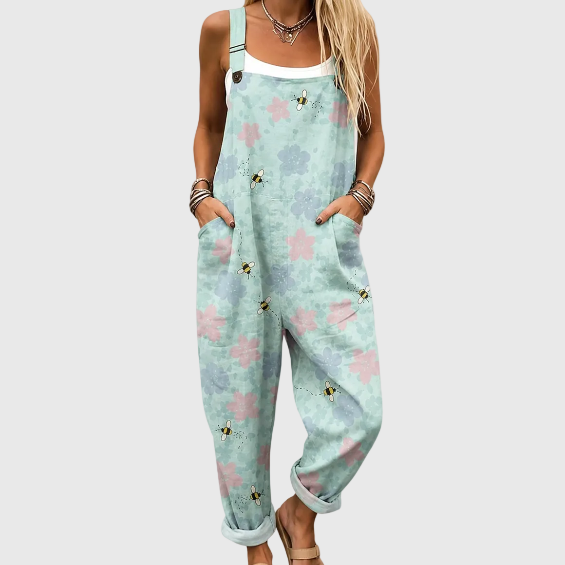 Floral Bee Print Sleeveless Pocket Overall Jumpsuit