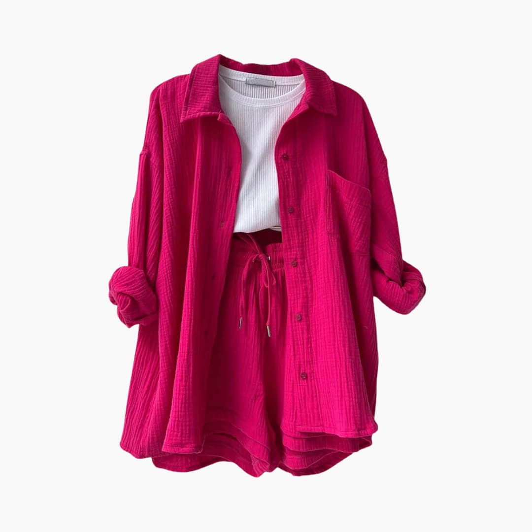 Button Front Shirt and Drawstring Shorts Two Piece Set