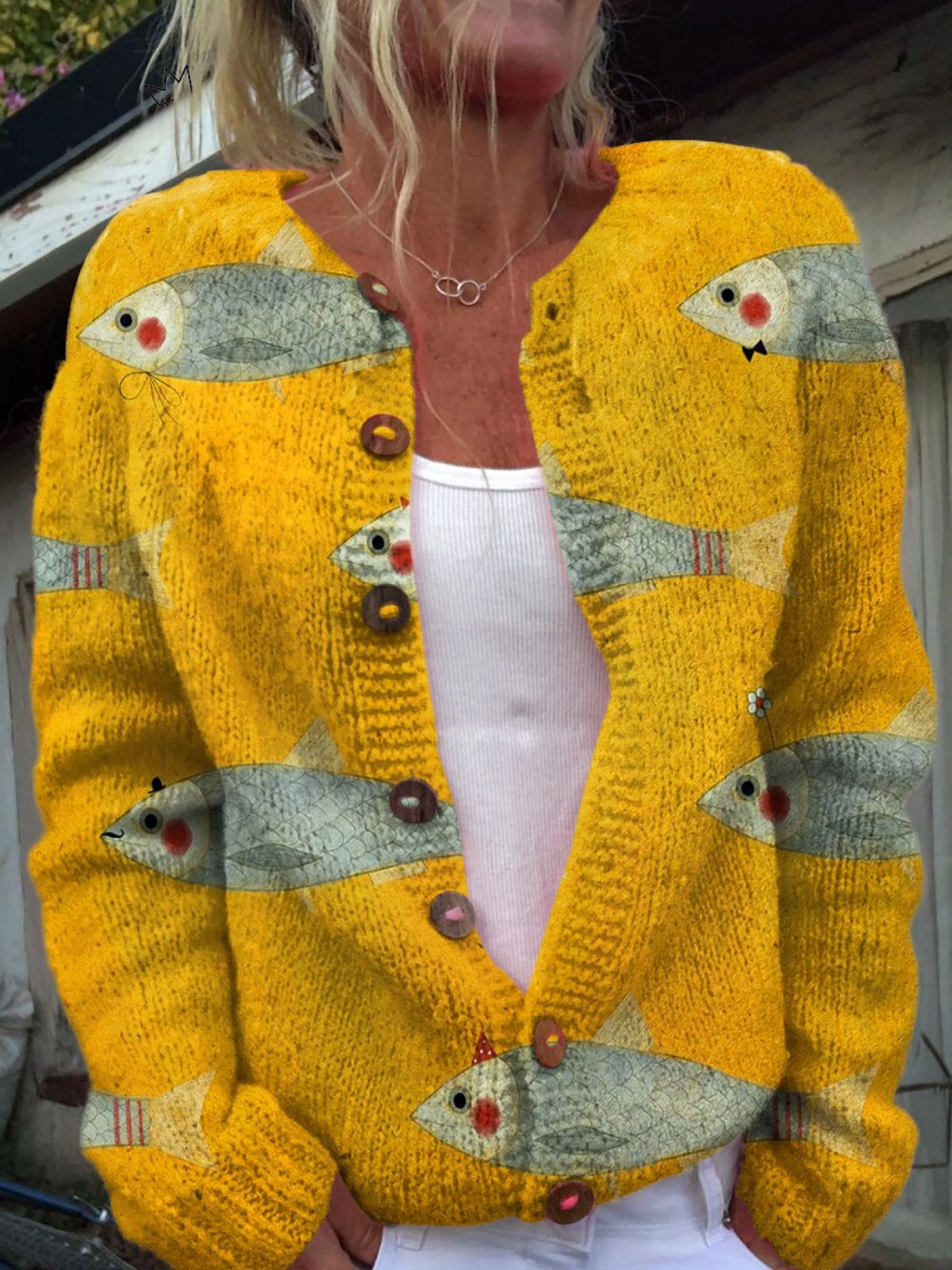 Sardine Fish Print Button Front Cardigan