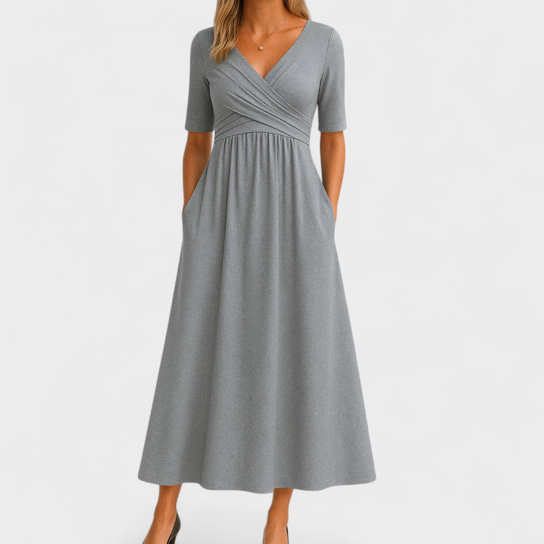 V-Neck Short Sleeve Fit and Flare Midi Dress