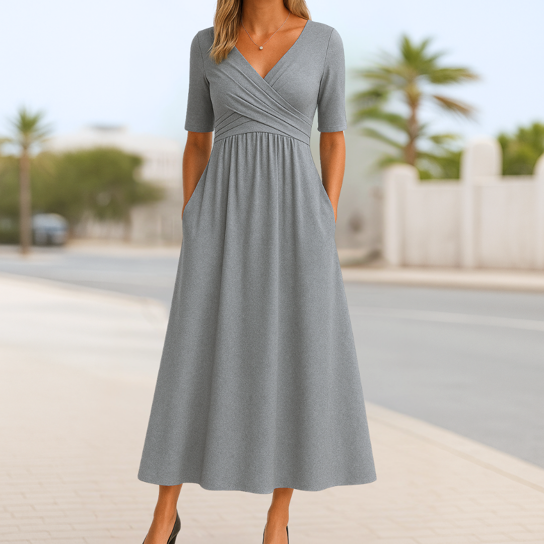 V-Neck Short Sleeve Ruched Fit and Flare Midi Dress 5